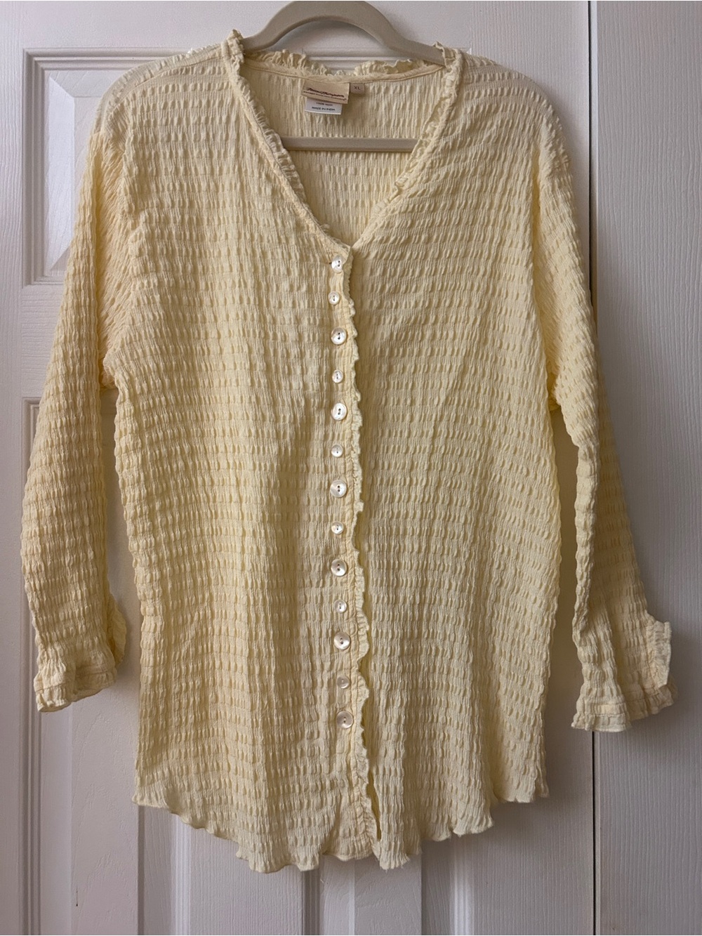 Norm Thompson Womens XL Top Blouse Yellow Crinkle Textured Knit Button Up Cardig